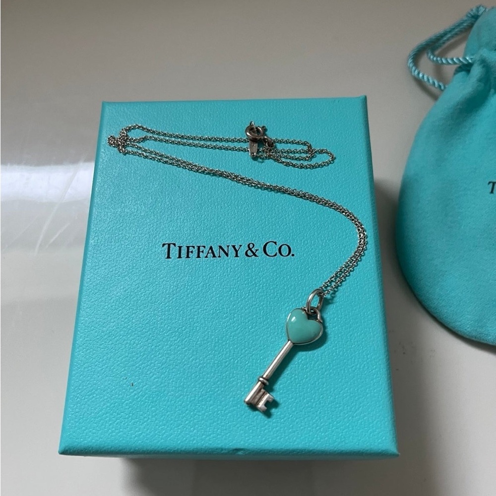 Tiffany & Co 💯% Auth Blue Enamel Heart Key Necklace w/Box ✨ EUC✨ 925 Sterling